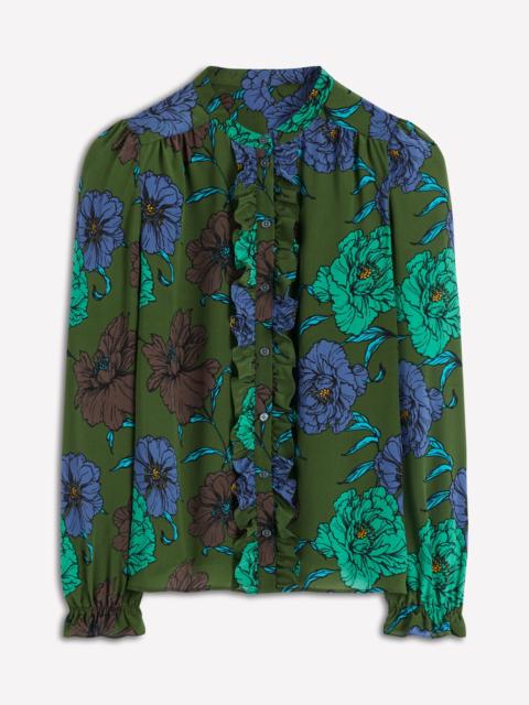 BODEN Alice Frill Front Silk Top-Green, Peony Bloom