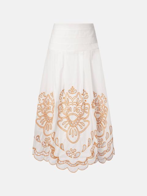 FARM RIO Embroidered cotton midi skirt