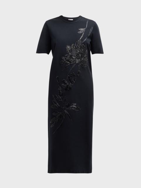Brunello Cucinelli Couture Felpa Midi Dress with Raffia Magnolia Flower