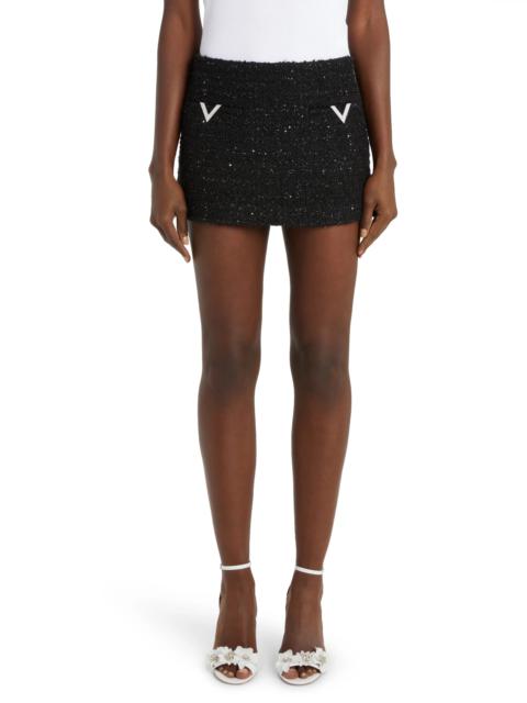 Crystal V-Detail Metallic Tweed Miniskirt in Nero Lurex/Strass