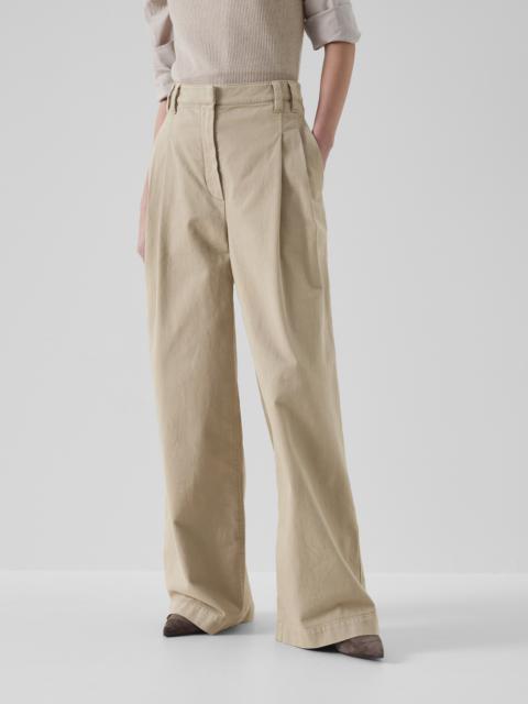 Dyed soft denim wide trousers with shiny bartack