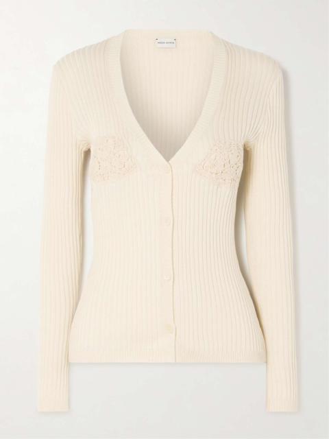 Crochet-trimmed ribbed cotton cardigan