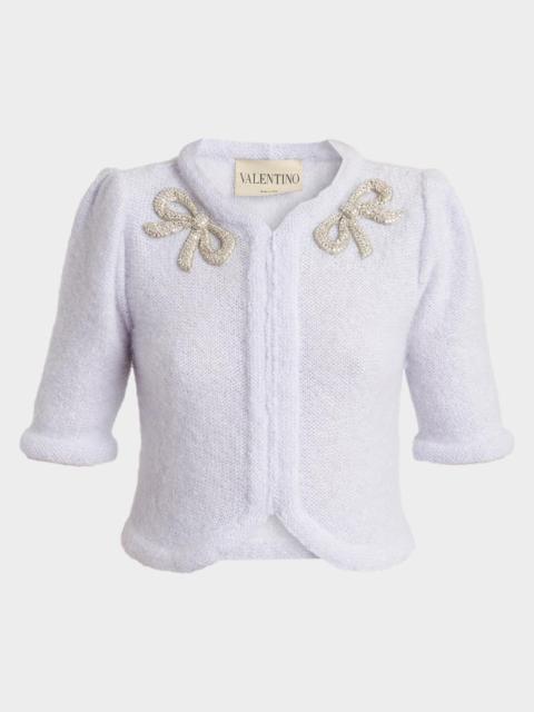Valentino Bow Embroidered Mohair Short-Sleeve Crop Cardigan