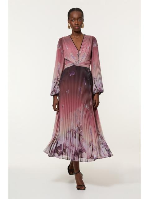 KAREN MILLEN Petite Crinkle Pleat Border Floral Balloon Sleeve Woven Maxi Dress