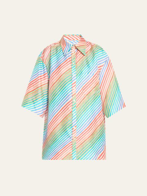 CHRISTOPHER JOHN ROGERS Crayon Stripe Jumbo Short Sleeve Silk Shirt