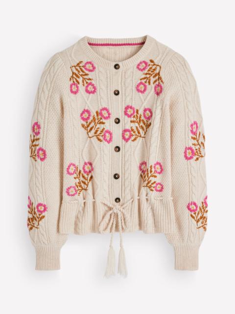 BODEN Cable Knitted Cardigan-Ecru Marl, Embroidery