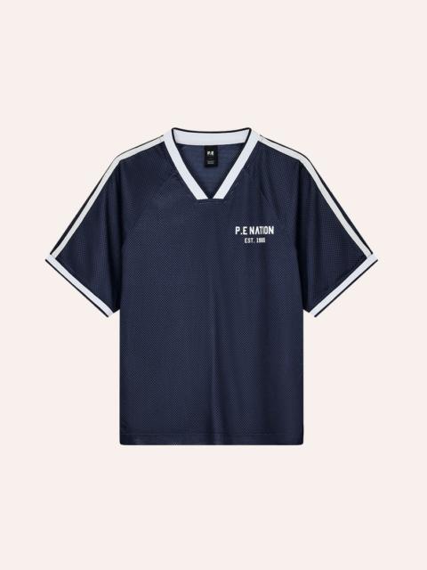 P.E NATION PHANTOM MESH JERSEY TEE IN DARK NAVY & WHITE