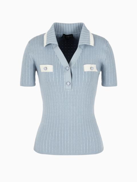 EMPORIO ARMANI Icon short-sleeved polo-shirt jumper in a ribbed cashmere blend