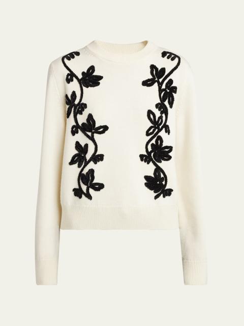 Jil Sander Velvet Floral Embroidered Merino Crewneck Sweater