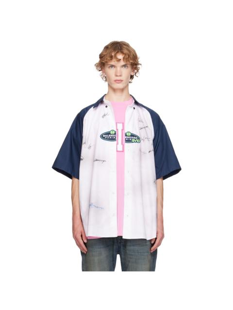 BALENCIAGA White & Navy Logos S/S Raglan Shirt