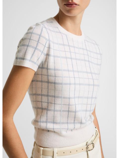 Vince Plaid Cashmere-Blend Short-Sleeve Sweater