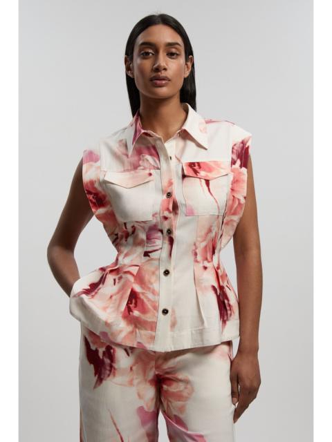 KAREN MILLEN Premium Viscose Linen Floral Top Stitch Woven Blouse With Waist Seam Detail