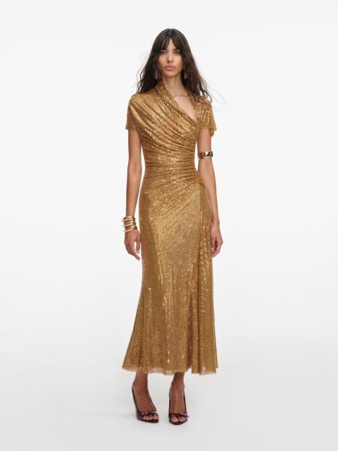 self-portrait Gold Rhinestone Drape Midi Dress