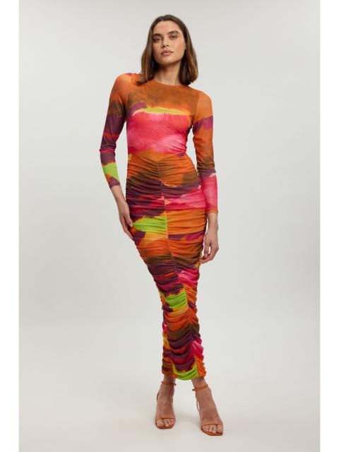 KAREN MILLEN Marbled Print Mesh Ruched Maxi Dress