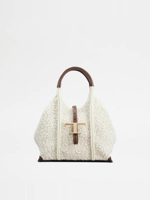 Tod's T TIMELESS SHOPPING BAG IN BOUCLÉ FABRIC AND LEATHER MINI - OFF WHITE, BROWN