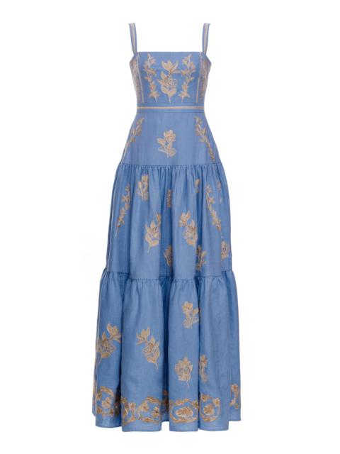 Agua by Agua Bendita Lima Embroidered Floral Linen Maxi Dress blue