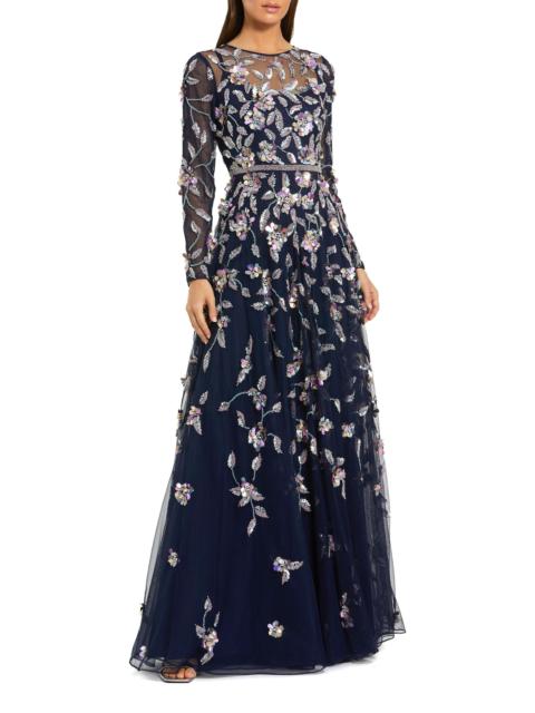 MAC DUGGAL Women's Floral Embellished Mesh Long-Sleeve Gown - Midnight Multi