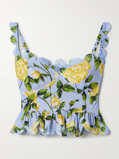 Oscar de la Renta Cropped Scalloped Floral-print Cotton-blend Poplin Top