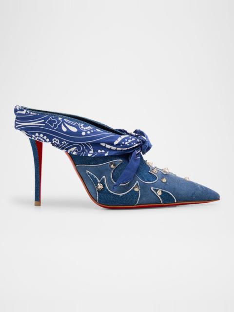 Christian Louboutin Mulatiag Denim and Suede Bandana Red Sole Mule Pumps