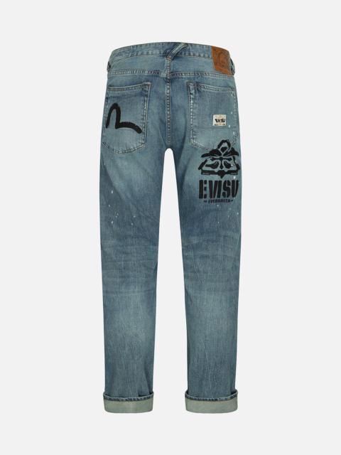 EVISU Washed Multiple Distressed Print with Splatter Marks Carrot Fit Jeans #2017