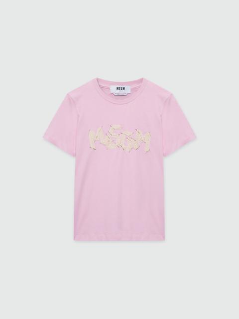 MSGM Pink short-sleeve cotton jersey T-shirt with MSGM embroidery