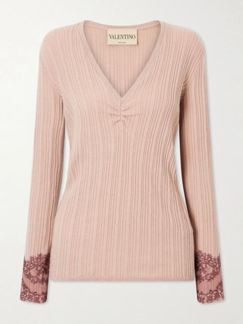 Valentino Lace-trimmed ribbed cashmere sweater Neutral
