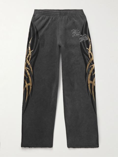 BALENCIAGA Tacky Wide-Leg Crystal-Embellished Printed Cotton-Jersey Sweatpants Black