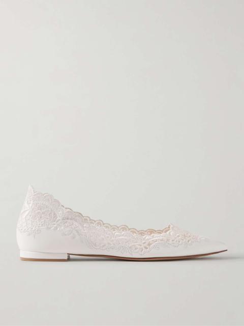 Lace-trimmed leather point-toe flats