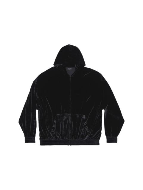 logo-embellished velvet zip-up hoodie