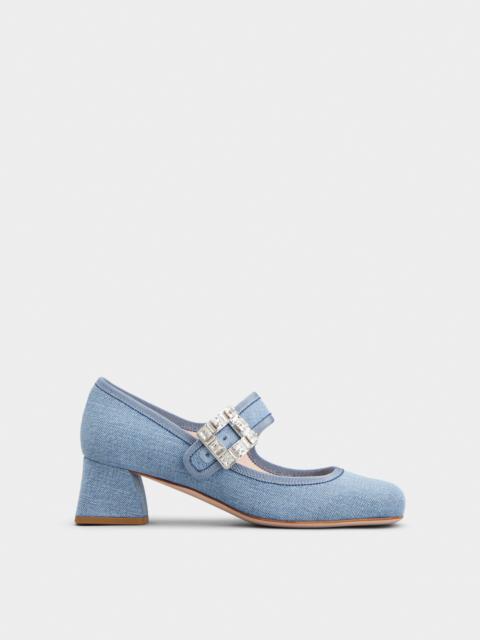 Roger Vivier Très Vivier Strass Buckle Babies Pumps in Denim