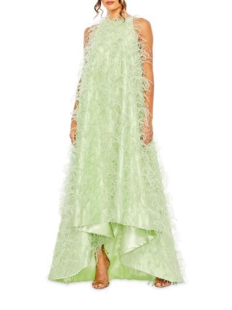 MAC DUGGAL Women's Feather-Embellished Satin High-Low Evening Gown - Mint