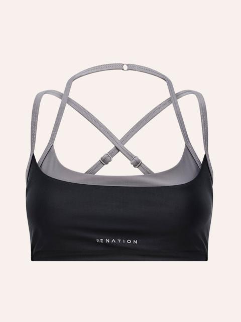 P.E NATION LUMINA SPORTS BRA IN BLACK & DARK SILVER SHINE