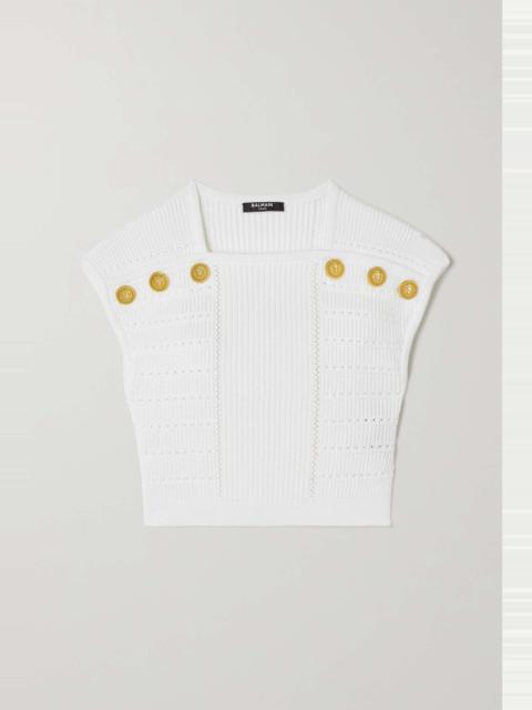 Balmain Cropped button-embellished ribbed-knit top