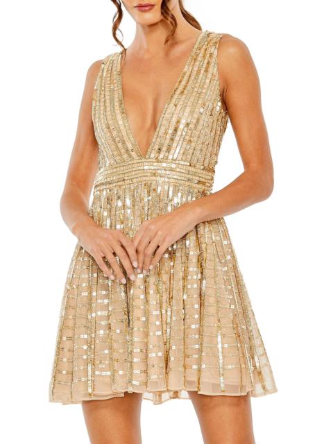 MAC DUGGAL Women's Sequined V-Neck A-Line Minidress - Beige Gold