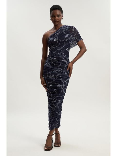 KAREN MILLEN Petite Chain Print Mesh One Shoulder Midi Dress