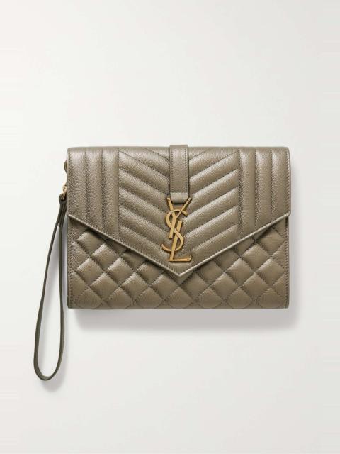 Envelope quilted textured-leather pouch