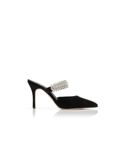 Manolo Blahnik Black Velvet Crystal Embellished Mules