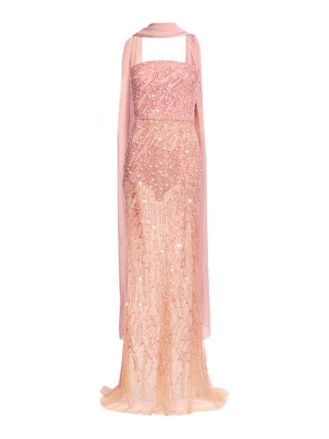 ELIE SAAB Scarf-Detailed Bead-Embroidered Maxi Dress pink
