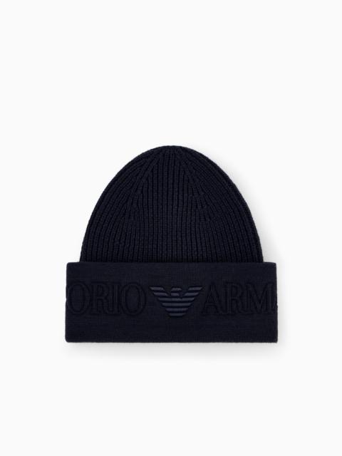 EMPORIO ARMANI BEANIE HAT IN RIBBED VIRGIN WOOL WITH EMBOSSED LOGO ON CUFF