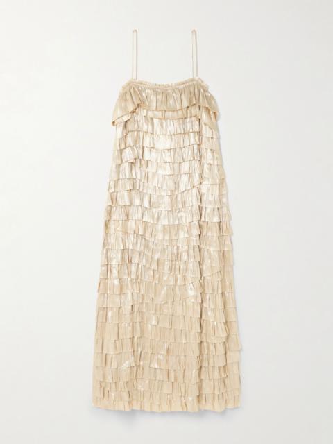ULLA JOHNSON Samara tiered metallic recycled plissé-satin midi dress Gold