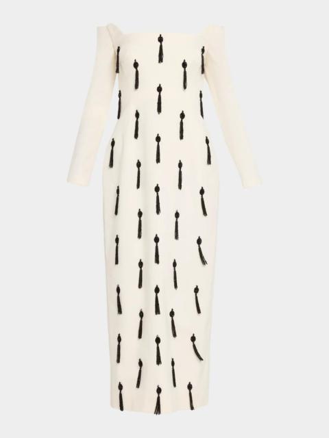 LELA ROSE Tassel Embroidered Stretch Cotton Off-The-Shoulder Column Dress