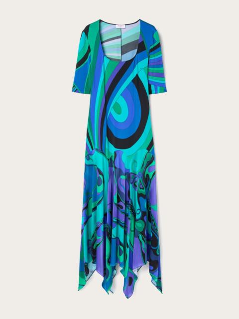 PUCCI LONG ASYMMETRIC IRIDE AND ORCHIDEE DRESS