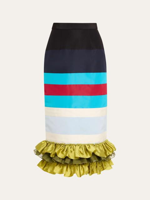 CHRISTOPHER JOHN ROGERS Striped Embroidered Ruffle-Hem Midi Skirt