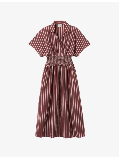 Claudie Pierlot Striped Shirred-Waist Woven Midi Dress