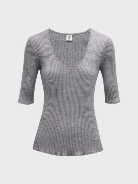 BY MALENE BIRGER Remoni Ribbed Scoop-Neck Elbow-Sleeve Sweater