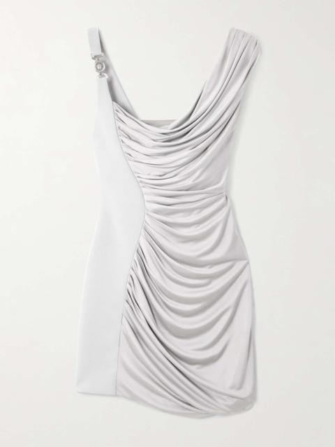 VERSACE Asymmetric embellished draped jersey mini dress Silver