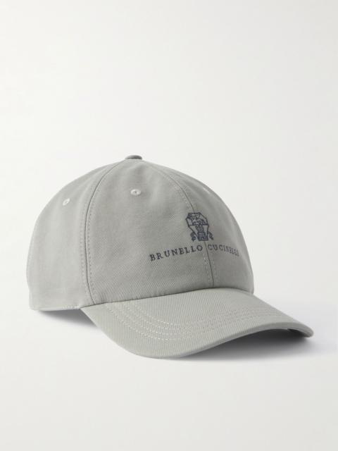 Brunello Cucinelli Logo-Embroidered Leather-Trimmed Cotton-Twill Baseball Cap Gray