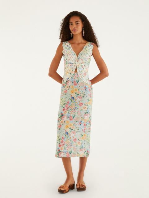 FARM RIO Multicolor Rendeira 3D Bodice Euroflax Premium Linen Midi Dress