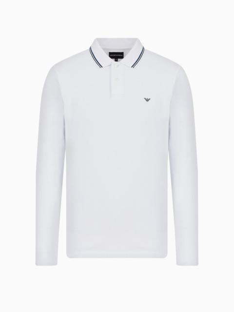 Long-sleeved stretch piqué polo shirt with micro eagle embroidery