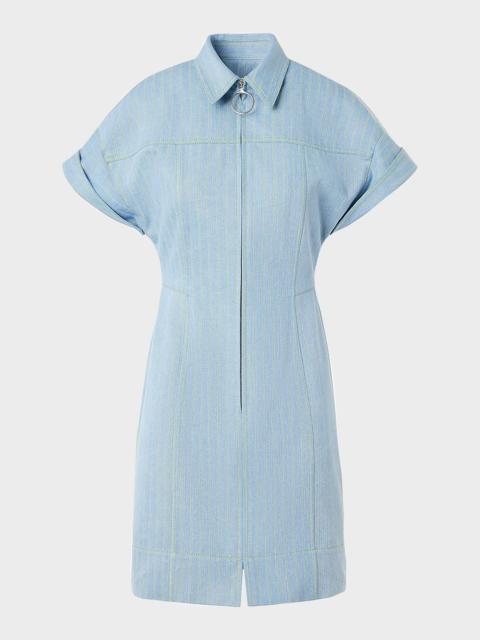 AKRIS Pinstripe Denim Short-Sleeve Zip Mini Shirtdress